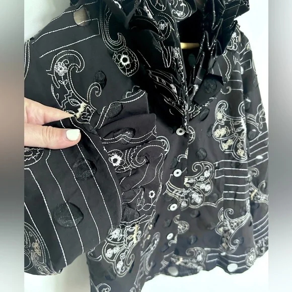 Samuel Dong  Ruffled neck Button Jacket Artsy Textured Blouse - Picture 4 of 11